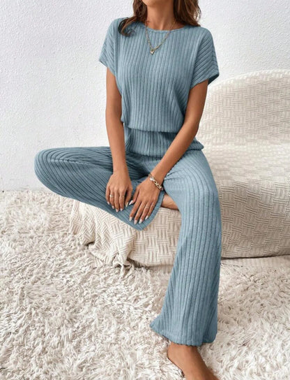 Two Piece Pant Sets Women Straight Pants Tops Pullover Short Sleeve Round Neck Spliced Top Solid Casual Streetwear Summer