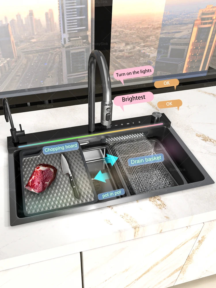 AI voice-controlled Stainless Steel Kitchen Sink With Waterfall  Embossed Large Single Slot Multifunction Dishwashing Sinks