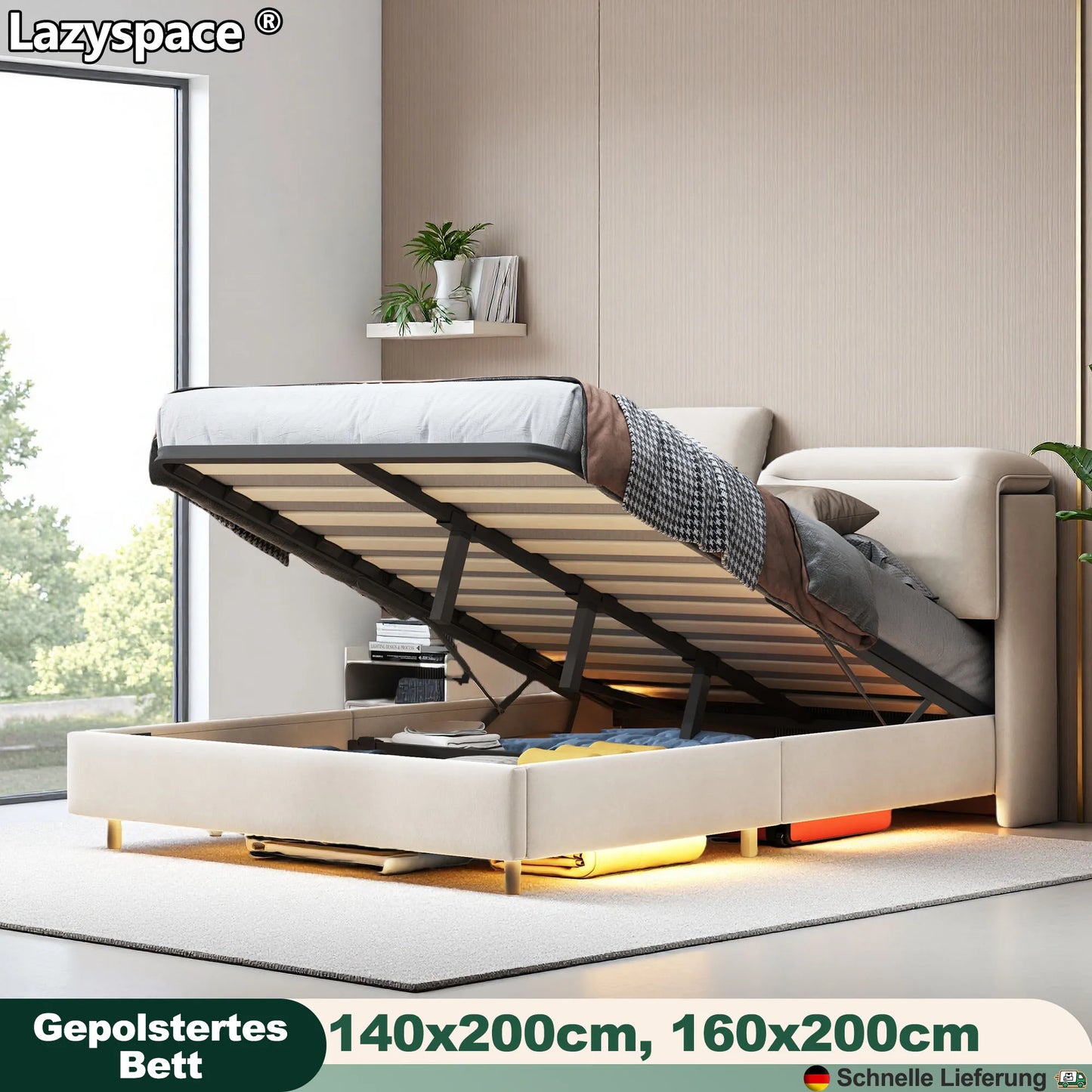 Lazyspace Samt gepolstertes Bett, Doppelbettrahmen, hydraulisches Bett mit Stauraum, verstellbarem Kopfteil und LED-Beleuchtung unter dem Bett