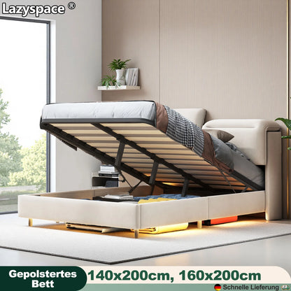 Lazyspace Samt gepolstertes Bett, Doppelbettrahmen, hydraulisches Bett mit Stauraum, verstellbarem Kopfteil und LED-Beleuchtung unter dem Bett