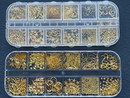 12Grids Moon Star Nails Gold Metallic Nail Sequins Charms 3D Nail Art Tips Decoration  3D Metal Moon Star Sun Bead Rivet Nail Je.