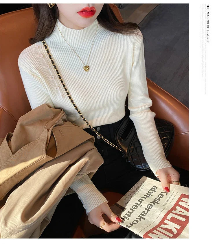 Langarm Beiläufige Dünne Pullover Mode Taste Grundlegende Gestrickte Tops Frauen Rollkragenpullover Koreanische Mode Einfache Chic Kleidung.