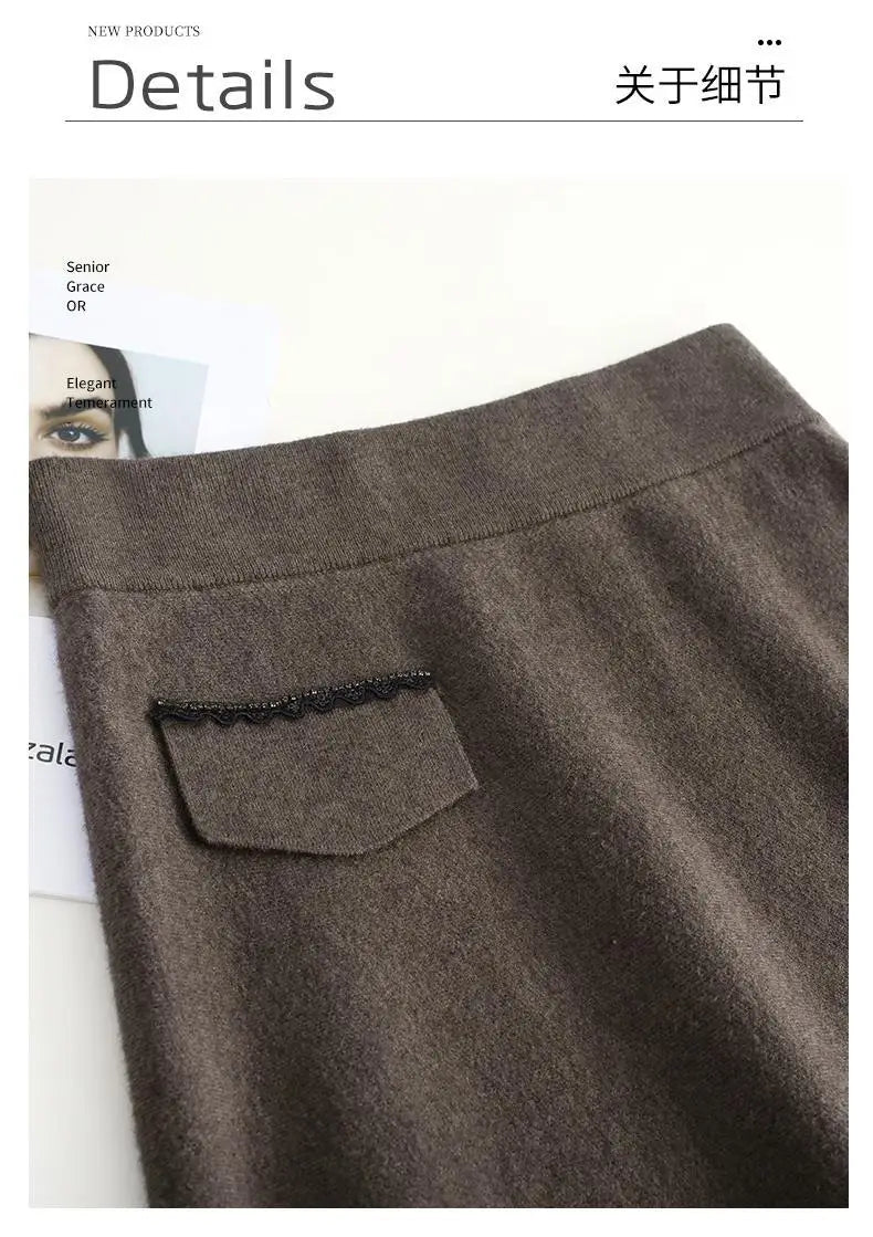 Temperament Autumn Winter New Skirts Women Solid High Waist Pleated Fashion Office Lady A-line Mid-length Knitting Pleated Skirt.