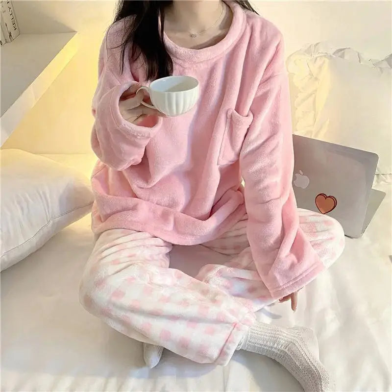 Fleece-Pyjama-Set für Damen, dick, warm, Winter-Nachtwäsche, lässig, solides Oberteil und karierte Hose, weiches Pyjama-Set für Damen, Heimanzug.