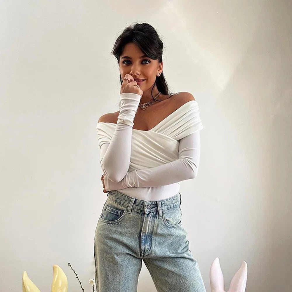 Sexy Hot Girl Slim Jumpsuits Women Fashion Solid Color Folds Corset Bodycon Crossed Bodysuits Long Sleeves Trendy Lady Rompers