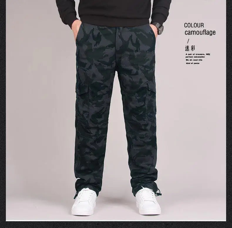 Autumn Winter Mens Cargo Pants Fleece Warm Trousers Cotton Pants Insulated Hiking Running Pants Man Multiple Pockets.