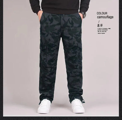 Autumn Winter Mens Cargo Pants Fleece Warm Trousers Cotton Pants Insulated Hiking Running Pants Man Multiple Pockets.