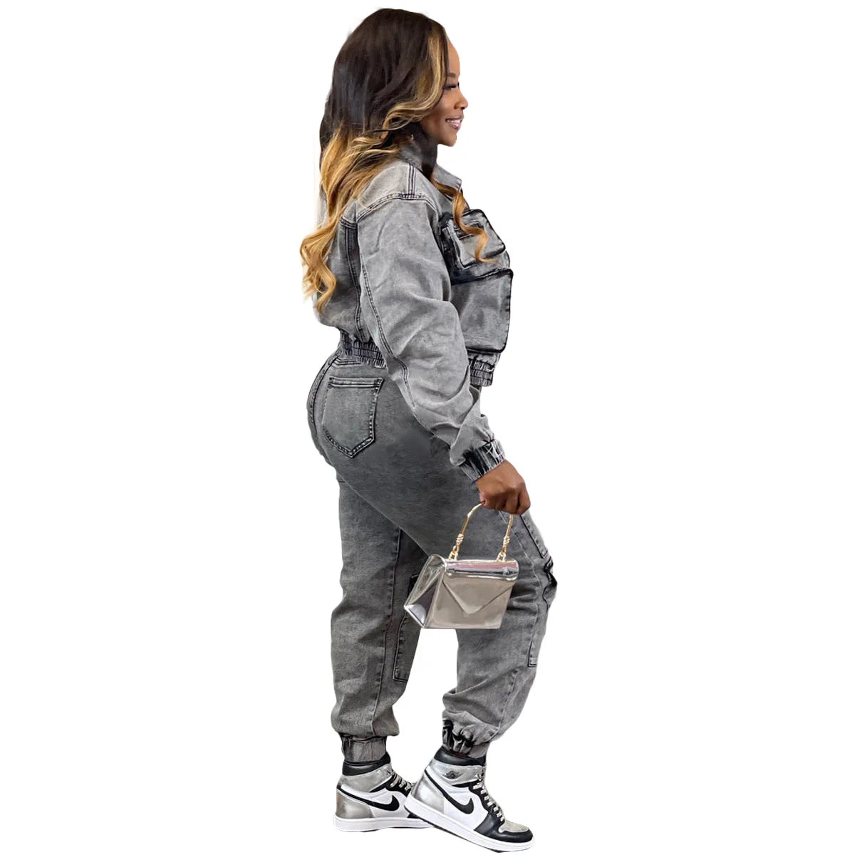 Pant Sets Long Sleeve Women Tracksuit Zipper Denim Coat Cargo Ankle Length Pants Pockets High Street Spliced Slim 2024.