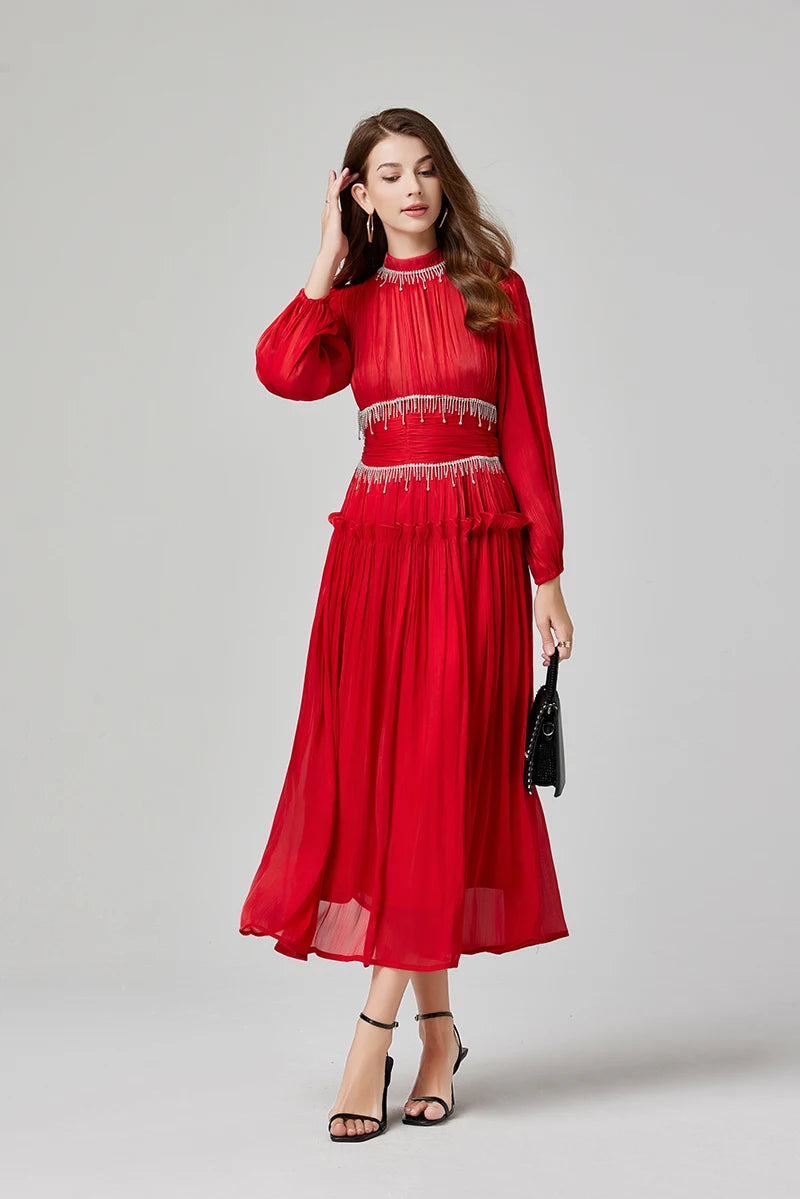 Französisch Luxus Kristall Perlen Quaste Glanz Roben Urlaub Frauen stehen Laterne Ärmel Rüschen plissiert formale Gelegenheit Ballkleid 622.