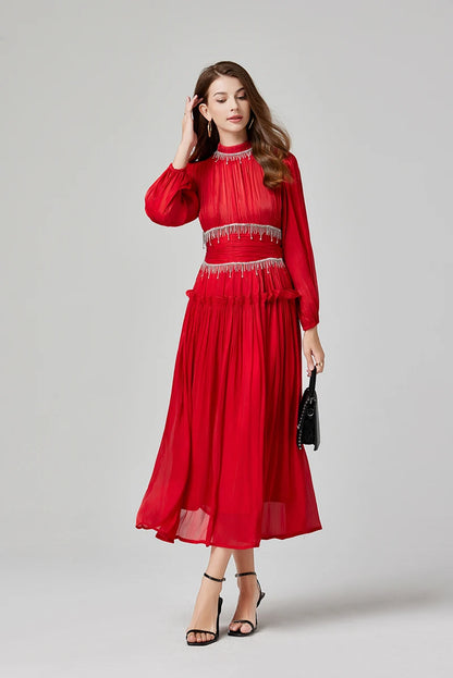 Französisch Luxus Kristall Perlen Quaste Glanz Roben Urlaub Frauen stehen Laterne Ärmel Rüschen plissiert formale Gelegenheit Ballkleid 622.