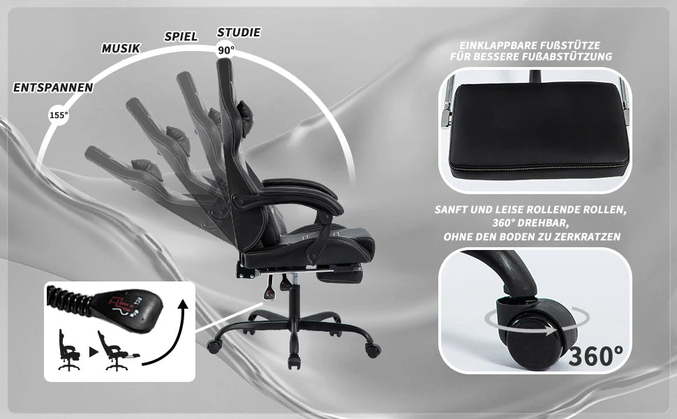 WOTSTA Gaming Chair Ergonomischer Gaming Chair Bürostuhl mit Fußstütze Racing Computerstuhl Höhenverstellbar Gepolstert Computerst