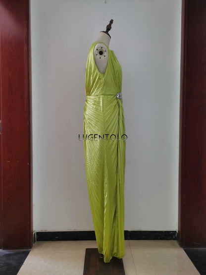 Frauen sexy Kleid neue ärmellose feste Party schlanke Empire Split weibliche elegante Rundhals Mode lange Kleidung.