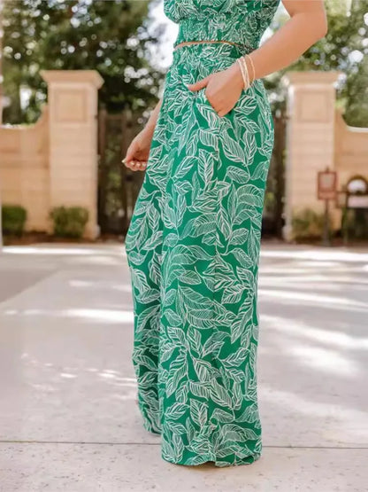 Women's Fashion Print Halter Sexy Short Top + Wide Leg Pant Suit Summer Casual Simple Sweet About Elegant Female Pant 2piece Set.