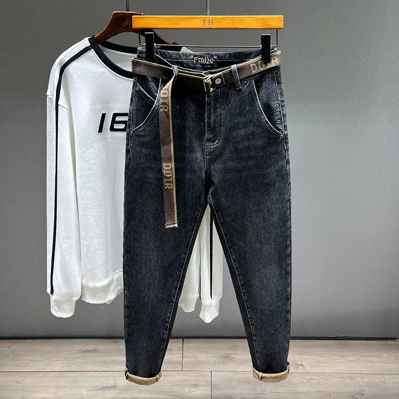 Tapered Jeans for Men's Clothing Autumn New Fashion Embroidered Korean Harem Pants Casual Stretch Black Denim Trousers.