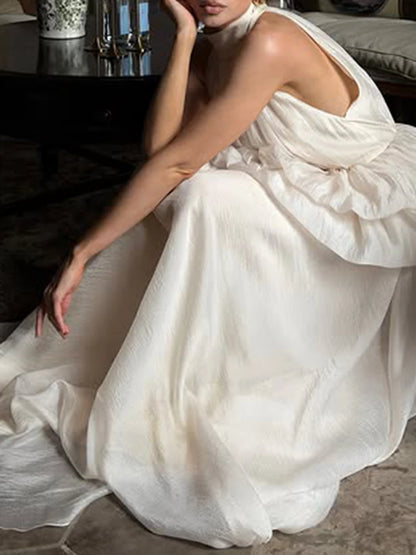 VGH Solide Abend Gespleißt Rüschen Maxi Kleider für Frauen High Neck Ärmellose Tunika Temperament Zeremonie Kleid Weibliche Kleidung.