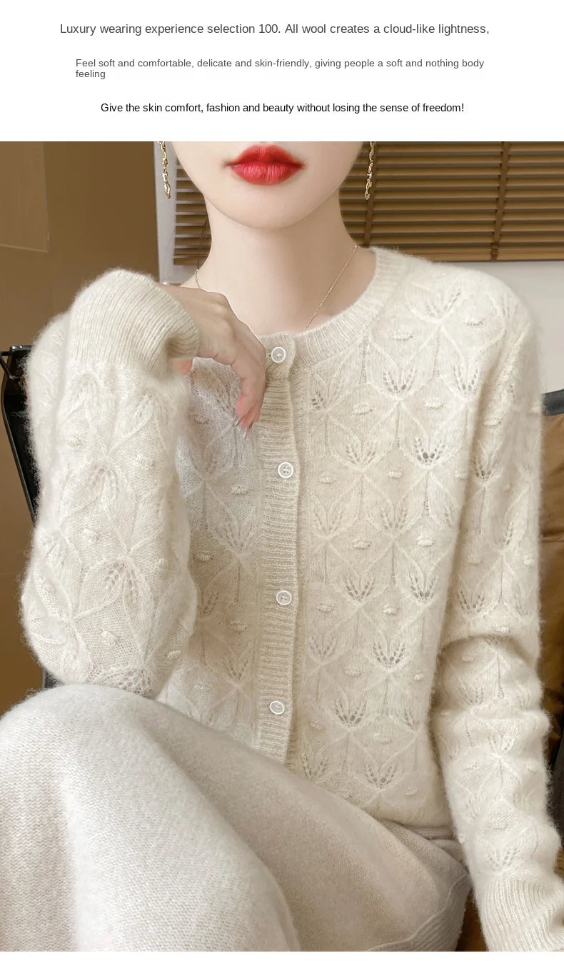 2024 Autumn And Winter New Round Neck Hollowed Out 100 Wool Knitted Cardigan Women's Versatile Coat Loose Casual Sweater DMR281.