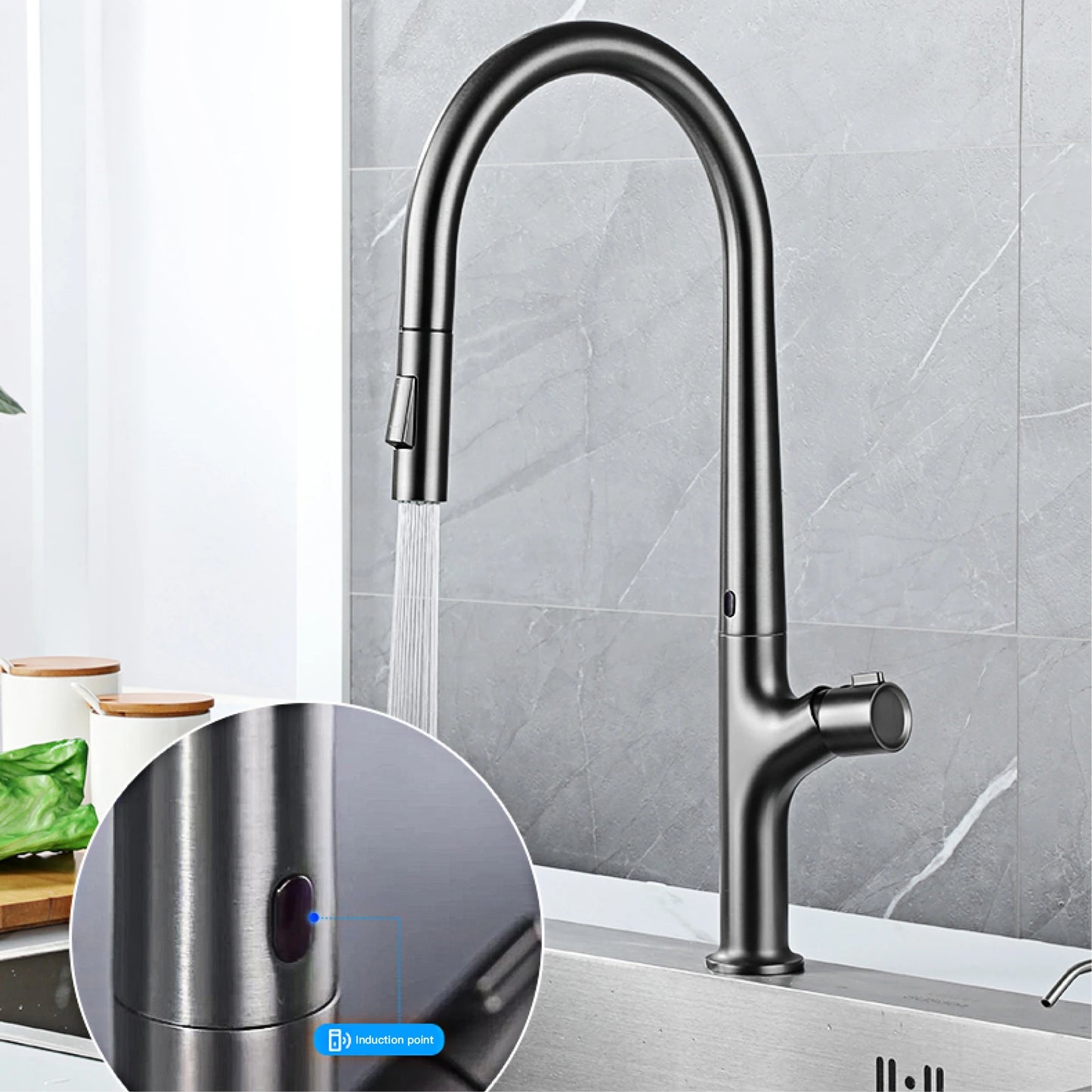 Modern style gun gray pull-out kitchen faucet with 1 handle for hot&cold water intelligent sensing and 2 functions for sink Tap