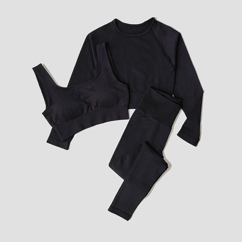 Women's Sportswear Yoga Set Workout Clothes Athletic Wear Sports Gym Legging Seamless Fitness Bra Crop Top Long Sleeve Yoga Suit