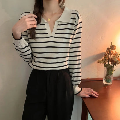 Gestreifter V-Ausschnitt Pullover Polo-Pullover Damen Frühherbst lässig All-Match-Tops Langarm Strick pullover Pullover Pullover.