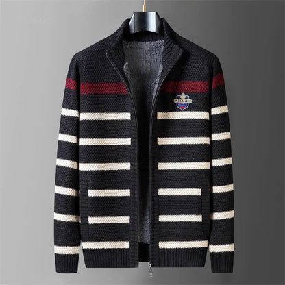 Winter Wool Liner Sweater  Cardigan Man Knit Striped Stand Collar Jacket Outwear Knitted Sweatercoat Men Vintage Clothing.