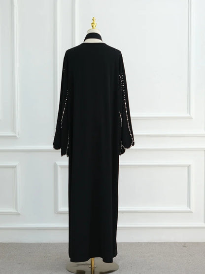 Middle East Women Arabic Dubai Abaya Made Beading Kimono Cardigan Long Dress Modest Ramadan Robe Femme Islam Clothing Kebaya.