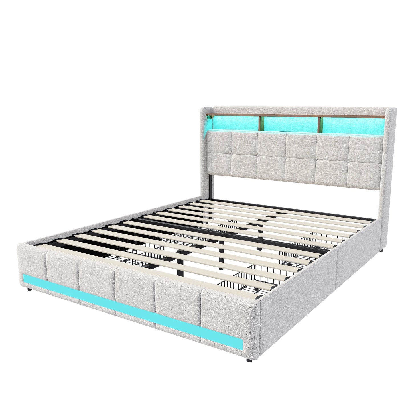 Lazyspace Leinen-Polsterbett, Bettrahmen mit Stauraum, 4 Schubladen, LED-Lichtleiste und USB-Aufladung vom Typ C