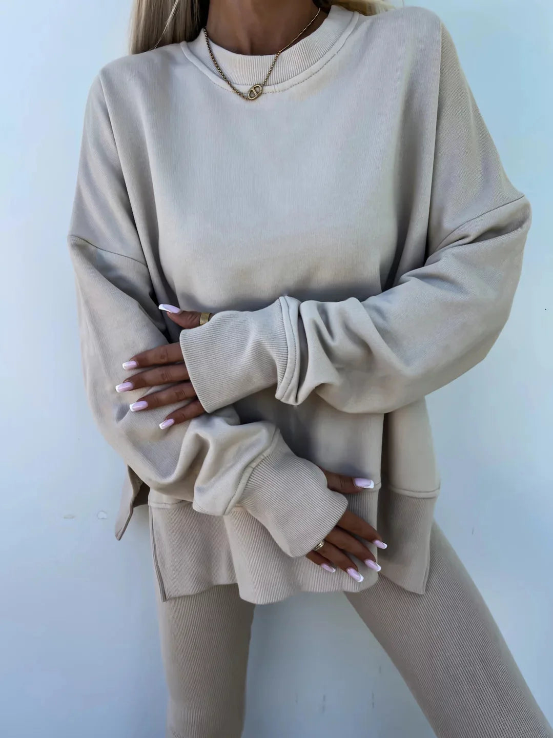 Women Pant Sets Two Pieces Tracksuit Solid Loose Sweatshirts Split Pullover Pencil Pants High Street Autumn Winter 2024.