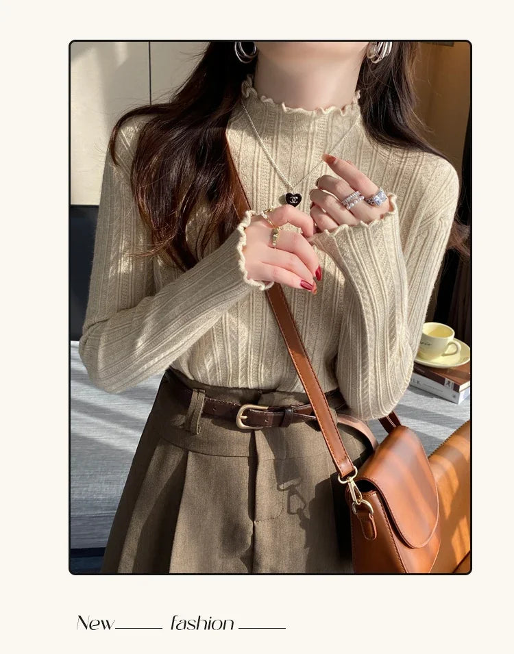 2025 Korea Geraffte Rollkragen Frauen Pullover Herbst Winter Warme Pullover Schlank Tops Gestrickte Pullover Jumper Weiche Pull Weibliche