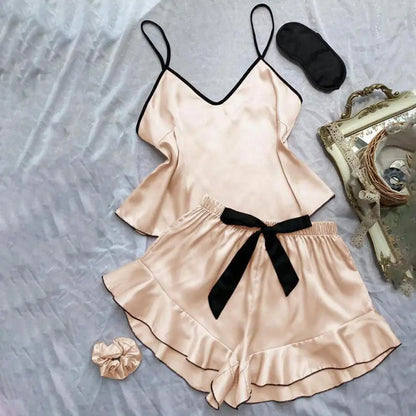 Damen-Pyjama-Set mit Trägern, elegantes Satin-Damen-Pyjama-Set mit Spaghettiträger-Oberteil, rückenfrei, V-Ausschnitt, Rüschen, plissiert für Komfort.