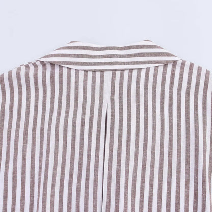 Summer Women's Curled Wide Sleeves Linen Blended Striped Asymmetric Casual Shirt Versatile Collar Linen Blended Printed Shirt.