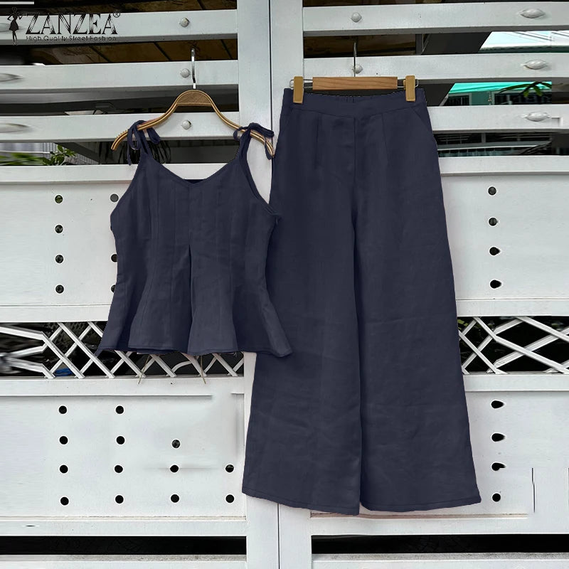 ZANZEA Women Stylish 2 Pieces Pant Sets Spaghetti Straps V-Neck Ruffled Camisole Tops & Wide Leg Pants 2pcs Suits Woman Outfits.