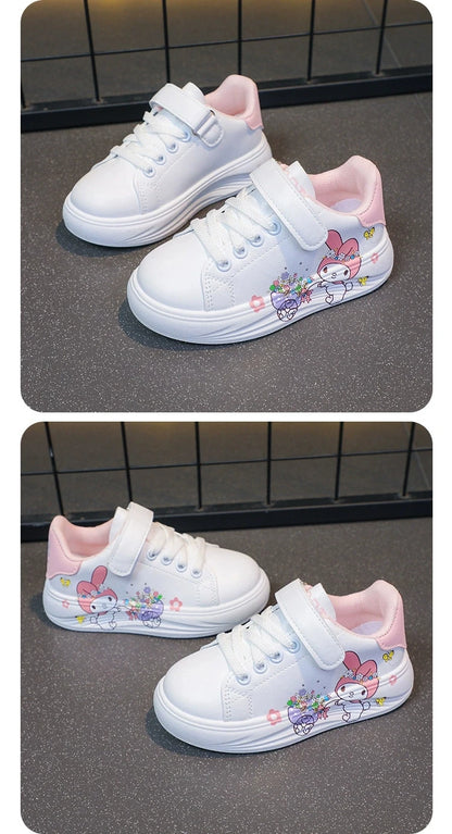 Baby Girls White Shoes Kids Casual Sneakers Cartoon Soft Breathable Fashion Children White PU Leather Shoes Size 26-37.