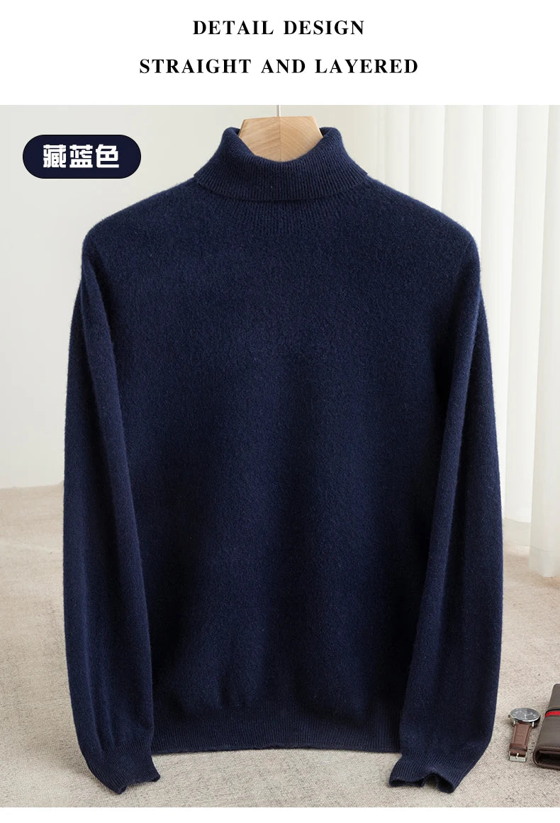 Men 100% Merino Wool Sweater Turtleneck Knitted Pullover Cashmere Warm Solid Color Clothes Business Bottoming Tops Autumn Winter