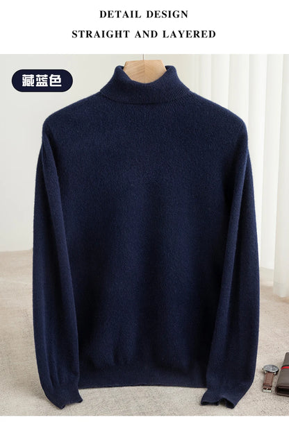 Men 100% Merino Wool Sweater Turtleneck Knitted Pullover Cashmere Warm Solid Color Clothes Business Bottoming Tops Autumn Winter