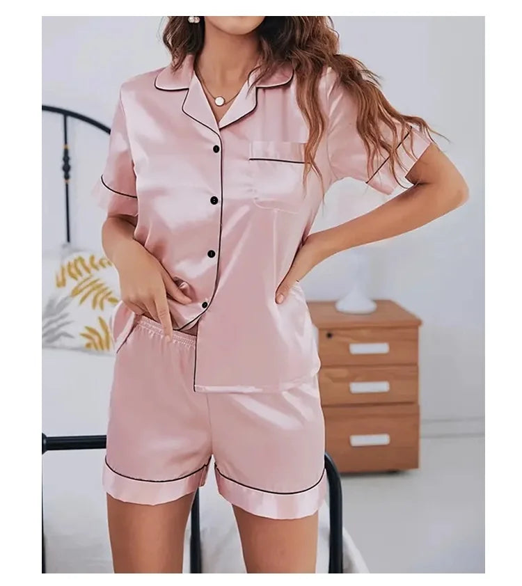 Sommer-Pyjama-Set aus Seidensatin für Damen, Oberteil und Shorts mit Knopfleiste, 2-teilig, Nachtwäsche, gekerbter Kragen, Nachtwäsche, Loungewear für Damen.
