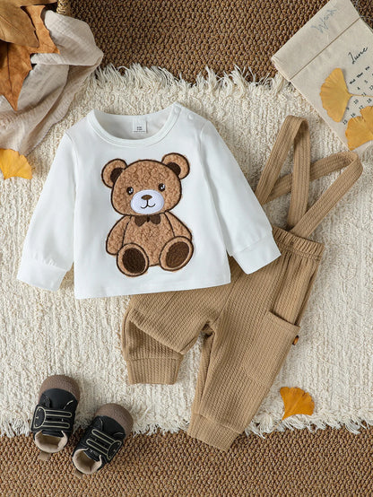 2PCS Baby Boys Boys Autumn Cute Long Sleeve Top  With Bear +Button Jumpsuit Playsuit Overalls Sets Clothes Casual Outfits.