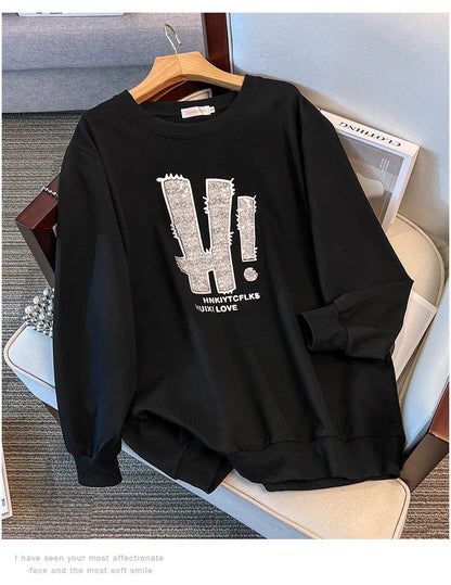 175kg plus size Damen büste Frühling Herbst loser Rundhals ausschnitt Langarm bedrucktes Sweatshirt schwarz lila 5xl 6xl 7xl 8xl 9xl