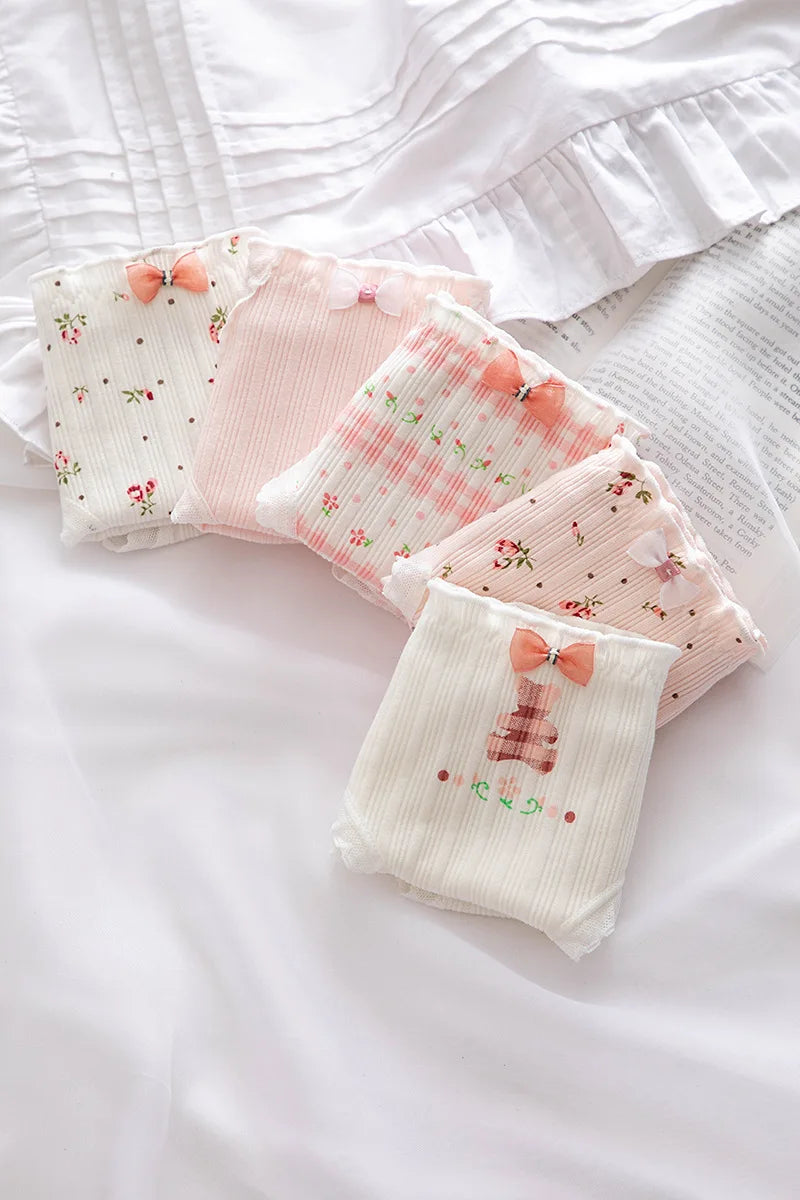 5Pcs/set Pure Cotton Sweet Bow Lace Women Panties Mid-Waist Girls Briefs Floral Underpants Soft Shorts Sexy Female Lingeries.