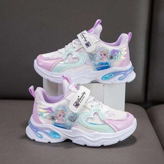 Disney Girls' Casual Shoes Frozen Priness Elsa Sneakers Mesh Leather White Breathable Sole Children's Sport Shoes Size 26-37.