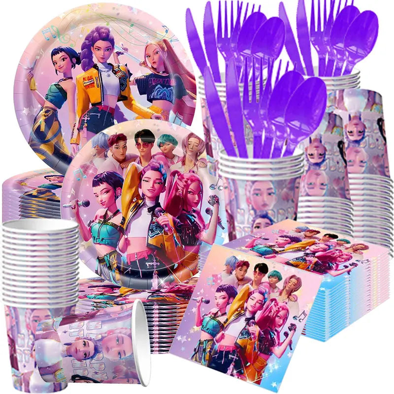 NEUE Dämon Jäger Kpop Geburtstag Dekorationen Set Geschirr Luftballons Banner Tischdecke Tasche Kpop Kuchen Dekor Für Mädchen Party Gefälligkeiten.