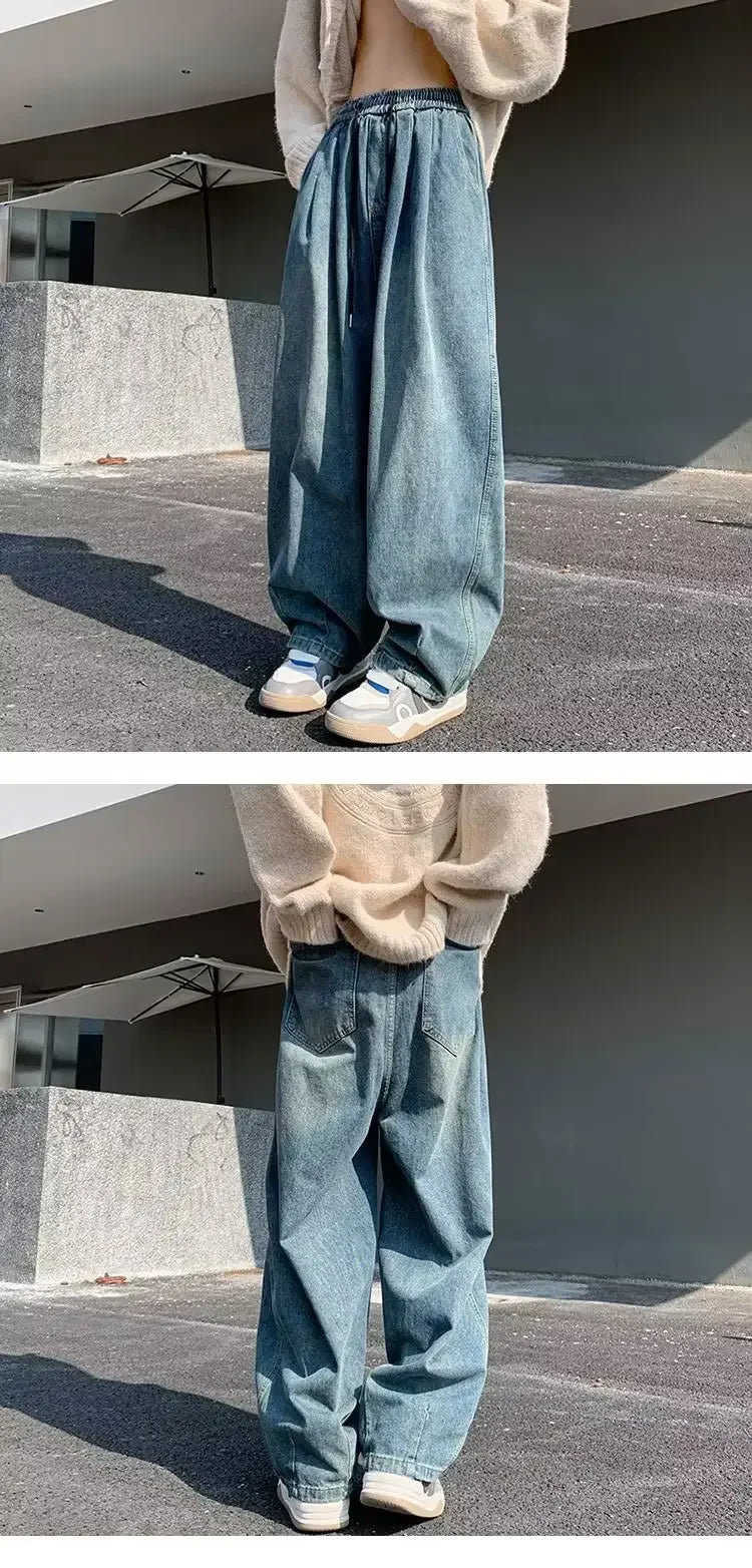 2024 New Trendy Wide-Leg Jeans Men's Loose-Fit Straight-Leg Casual Long Pants Vintage Washing Distressed Style.