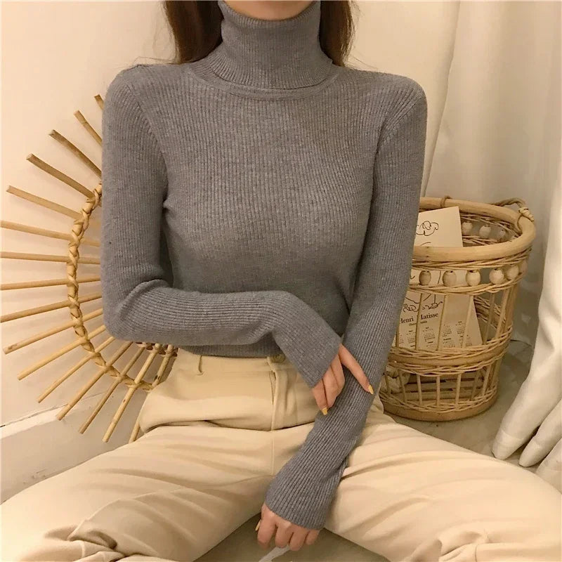Frauen einfarbig lange Ärmel Roll kragen pullover Strick pullover grundlegende weiche Pullover einfache elegante Mode neu