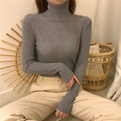 Frauen einfarbig lange Ärmel Roll kragen pullover Strick pullover grundlegende weiche Pullover einfache elegante Mode neu