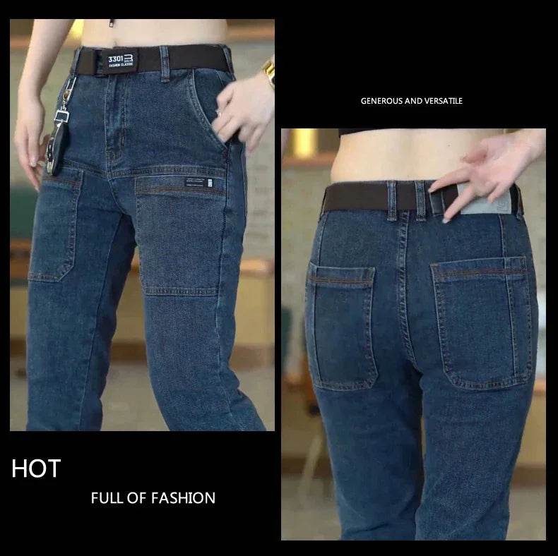 Men Cargo Pants Slim Stretch Jeans Multi Pocket Fashion Streetwear Designer Skinny Male Denim Trousers Brand Clothes Blue Black.