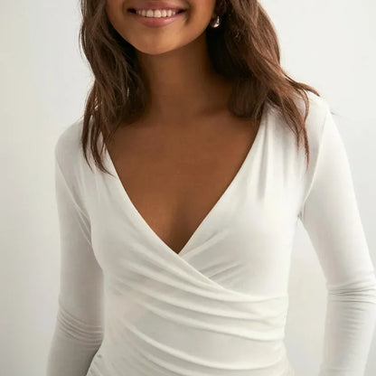 Pure Color V-neck Long Sleeve T-shirt Waist-cinching Sexy Top for Women Cross-border Autumn New Style Y25TP348 Polyester Fiber.