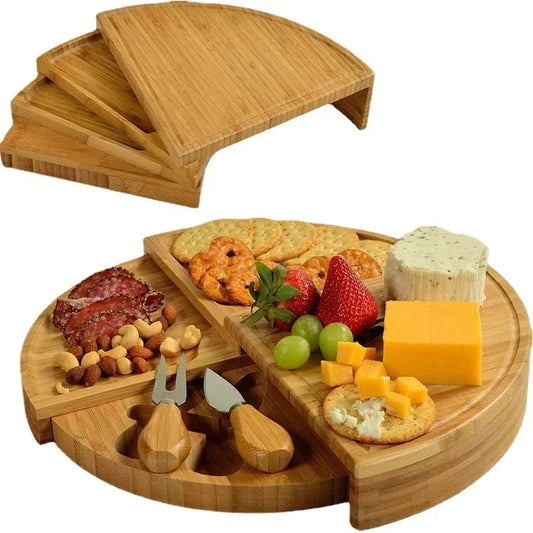 Bamboo Cheese Plate Cutting Board Pull-Out Scalloped Deli Board Assortment Snack Platter.