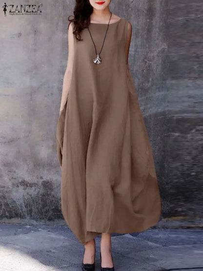 ZANZEA Sommer Mode Urlaub Kleid Robe Femme Frauen Elegante Ärmellose Maxi Vestidos 2024 Casual Lose Sommerkleid Oversize Kaftan.