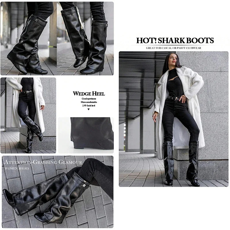 Black Pu Leather Knee High Boots Women Sexy Pointed Toe Straight Leg Boots Woman Punk Style Wedge High Heels Long Botas Mujer.