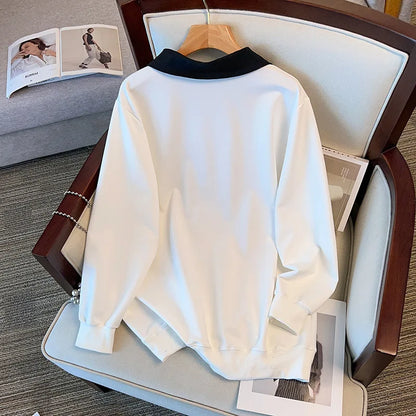 175kg plus size Damen büste Frühling Herbst lose besticktes Sweatshirt schwarz weiß groß 5xl 6xl 7xl 8xl 9xl.