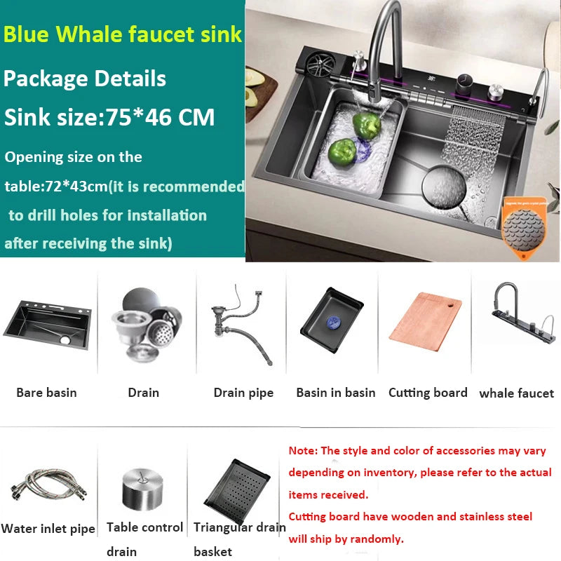 Blue Whale Arowana Multifunctional Kitchen Sink Single Bowl Nano Black Honeycomb LED Digital Display Stainless Steel for Home